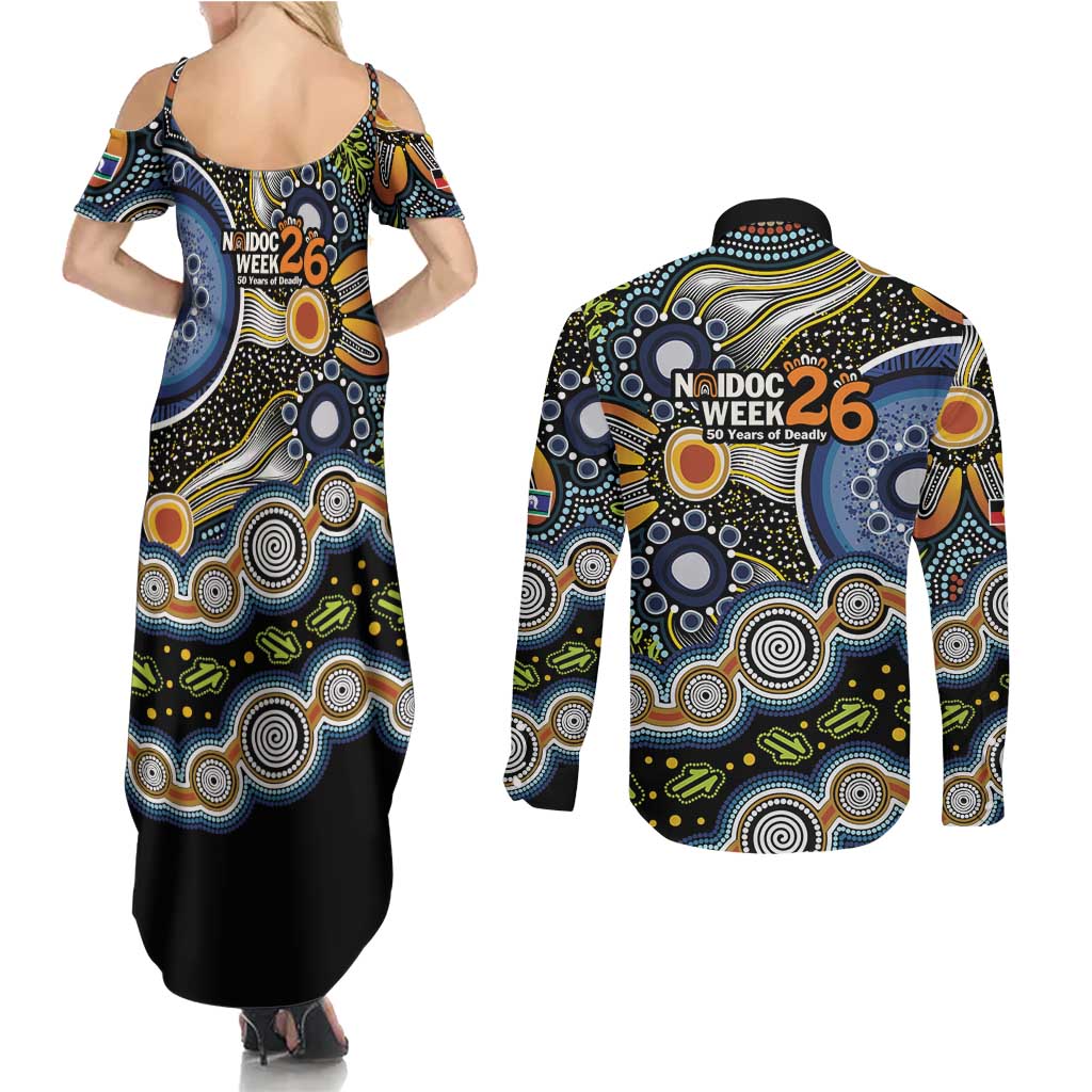 NAIDOC Deadly 50 Years Couples Matching Summer Maxi Dress and Long Sleeve Button Shirt Aboriginal and Torres Strait Islander