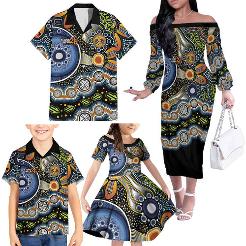 NAIDOC Deadly 50 Years Family Matching Off The Shoulder Long Sleeve Dress and Hawaiian Shirt Aboriginal and Torres Strait Islander