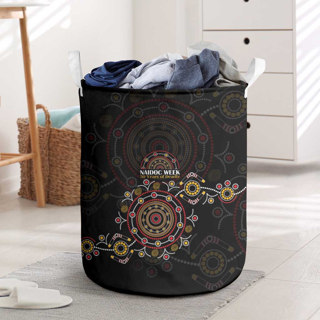 NAIDOC Deadly 50 Years Laundry Basket Aboriginal Black Gold Boomerang Art