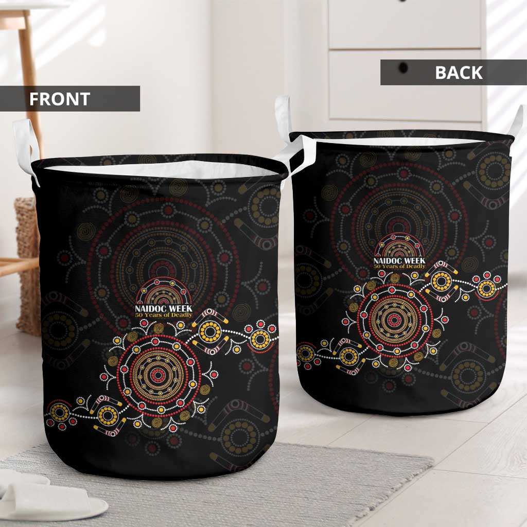 NAIDOC Deadly 50 Years Laundry Basket Aboriginal Black Gold Boomerang Art