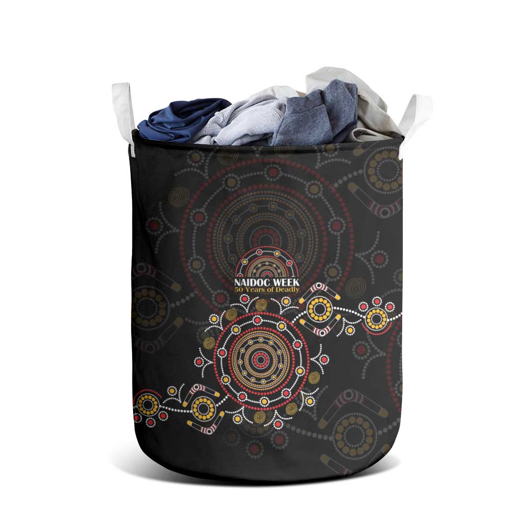 NAIDOC Deadly 50 Years Laundry Basket Aboriginal Black Gold Boomerang Art