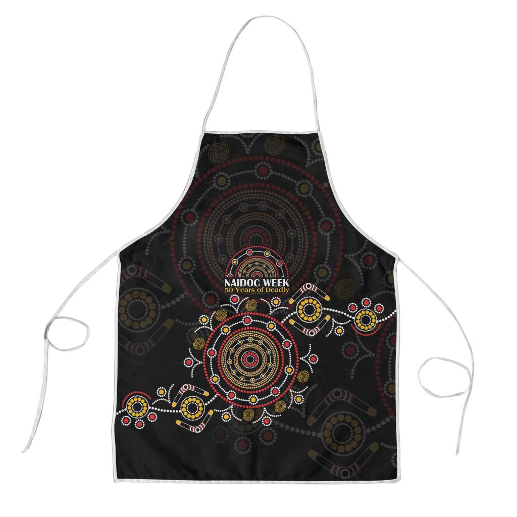 NAIDOC Deadly 50 Years Apron Aboriginal Black Gold Boomerang Art