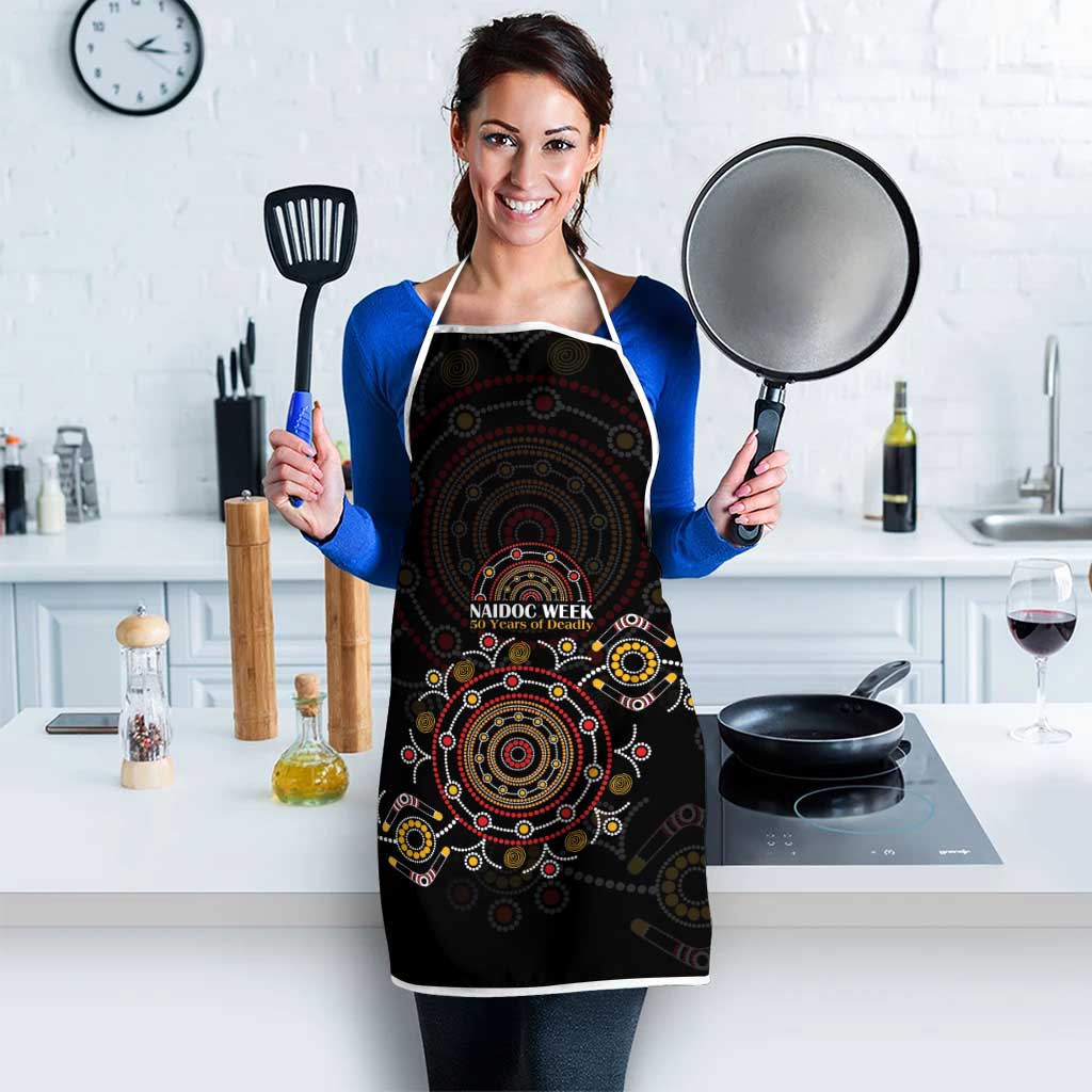 NAIDOC Deadly 50 Years Apron Aboriginal Black Gold Boomerang Art