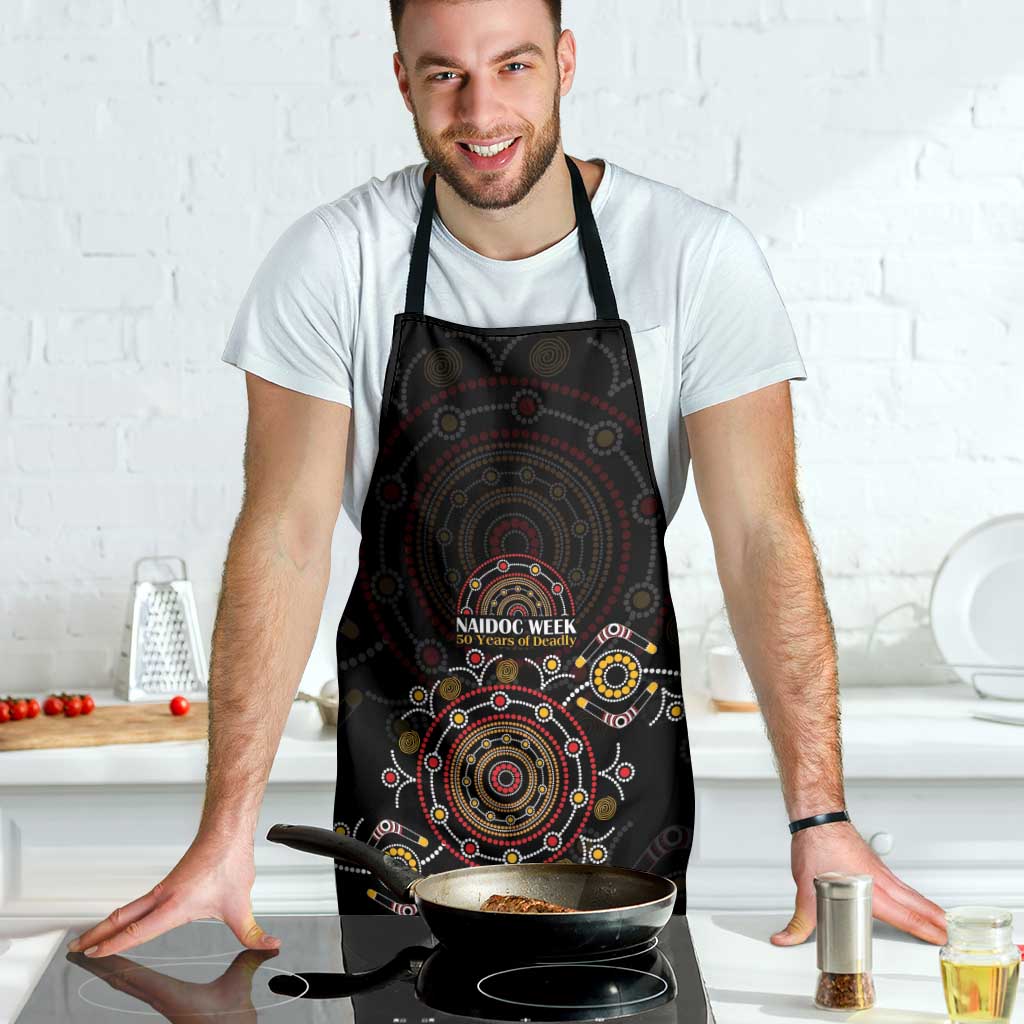NAIDOC Deadly 50 Years Apron Aboriginal Black Gold Boomerang Art