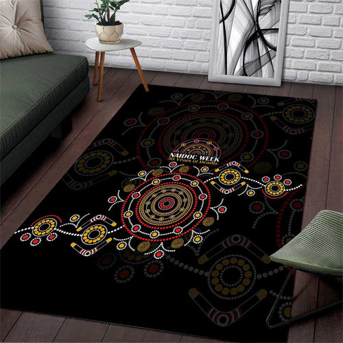 NAIDOC Deadly 50 Years Area Rug Aboriginal Black Gold Boomerang Art