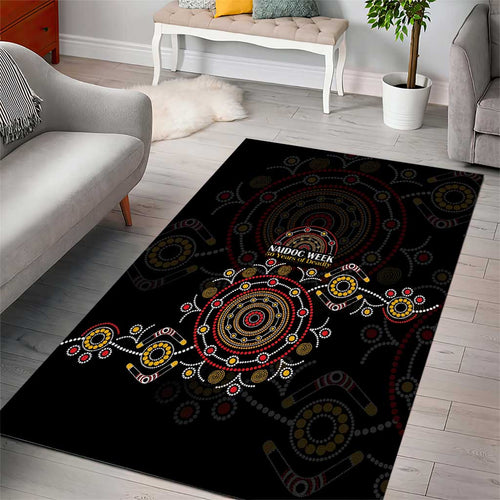 NAIDOC Deadly 50 Years Area Rug Aboriginal Black Gold Boomerang Art