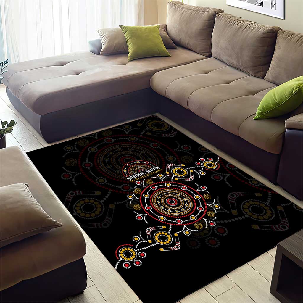 NAIDOC Deadly 50 Years Area Rug Aboriginal Black Gold Boomerang Art