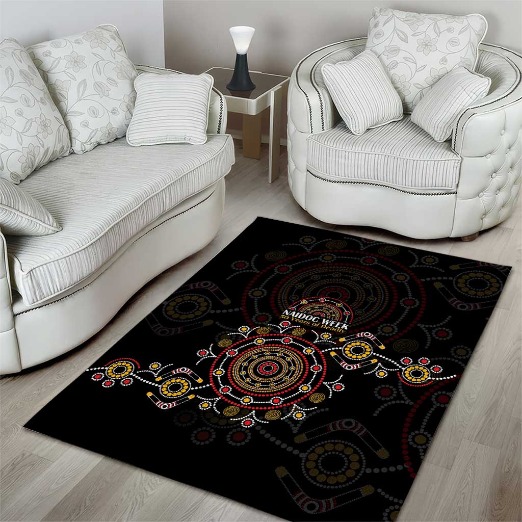 NAIDOC Deadly 50 Years Area Rug Aboriginal Black Gold Boomerang Art