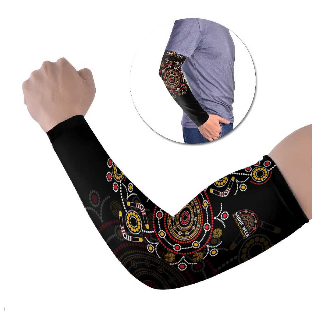 NAIDOC Deadly 50 Years Arm Sleeves Aboriginal Black Gold Boomerang Art
