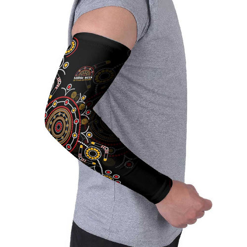 NAIDOC Deadly 50 Years Arm Sleeves Aboriginal Black Gold Boomerang Art