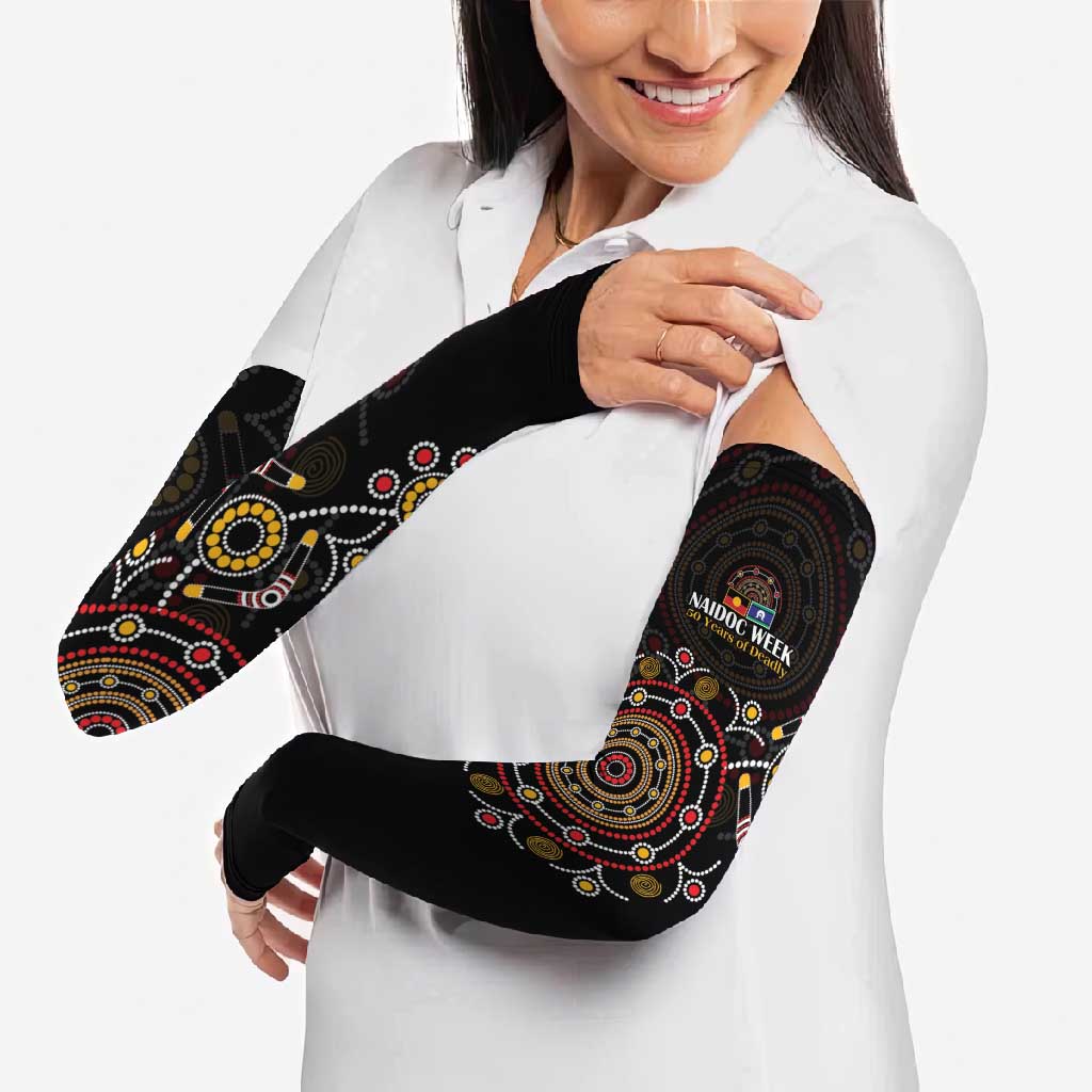 NAIDOC Deadly 50 Years Arm Sleeves Aboriginal Black Gold Boomerang Art