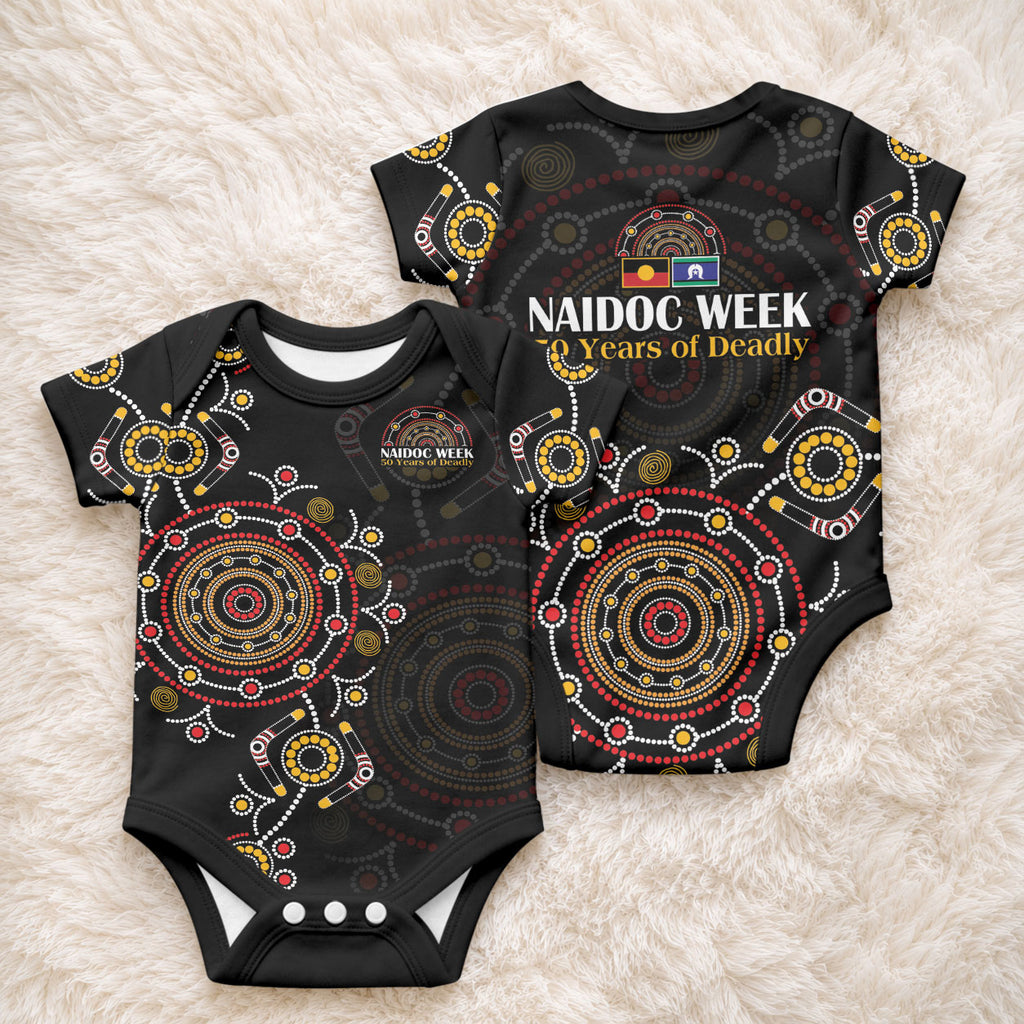 NAIDOC Deadly 50 Years Baby Onesie Aboriginal Black Gold Boomerang Art