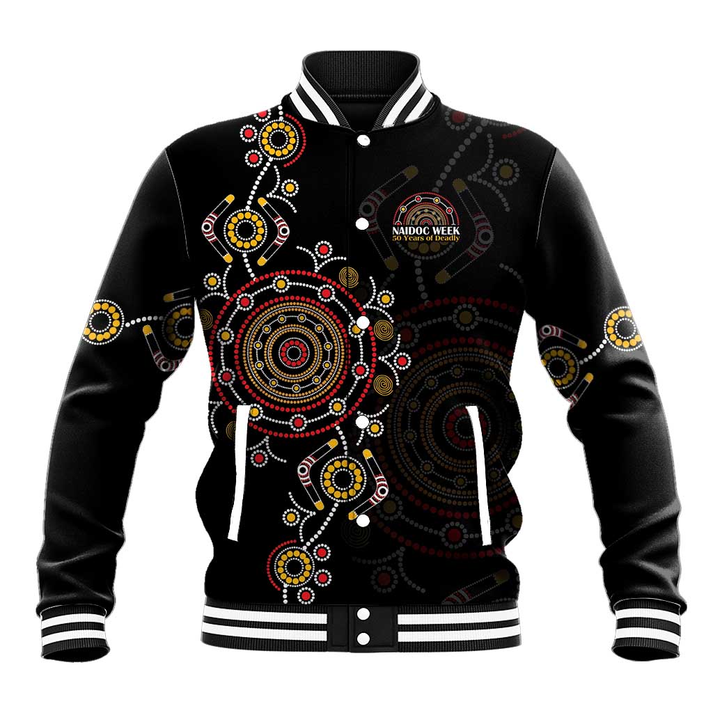 NAIDOC Deadly 50 Years Baseball Jacket Aboriginal Black Gold Boomerang Art