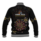 NAIDOC Deadly 50 Years Baseball Jacket Aboriginal Black Gold Boomerang Art