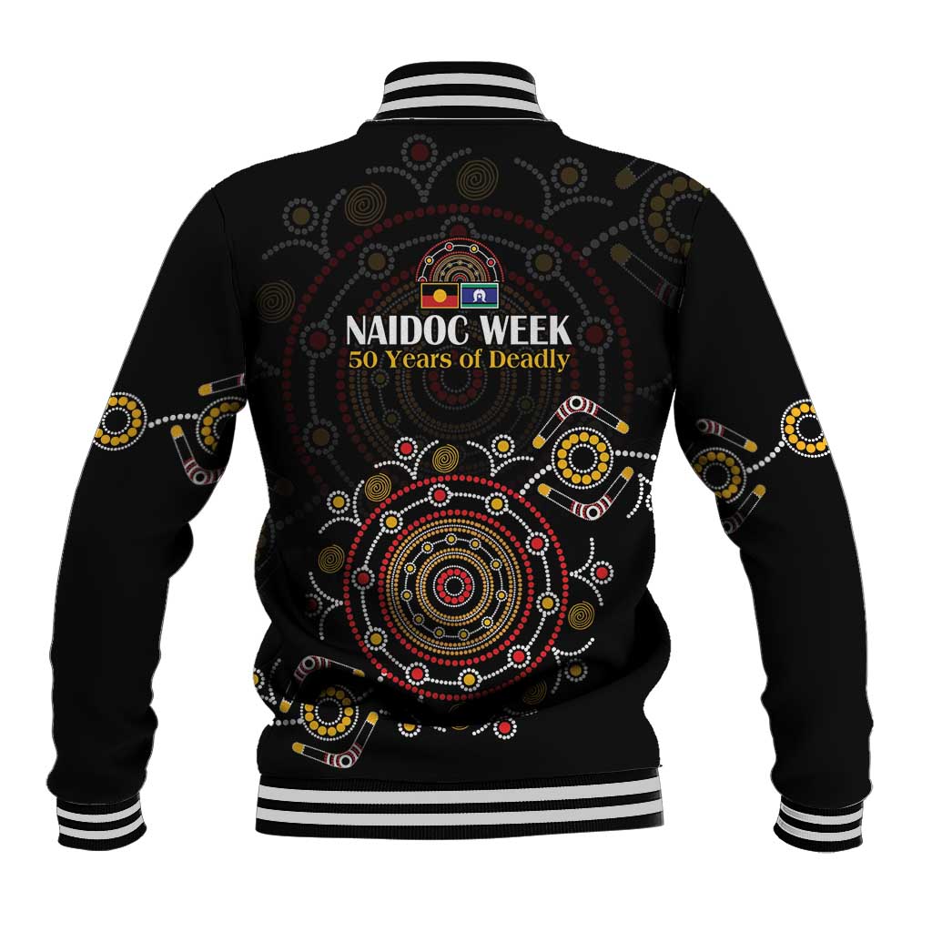 NAIDOC Deadly 50 Years Baseball Jacket Aboriginal Black Gold Boomerang Art
