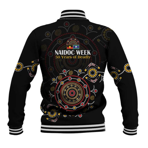 NAIDOC Deadly 50 Years Baseball Jacket Aboriginal Black Gold Boomerang Art