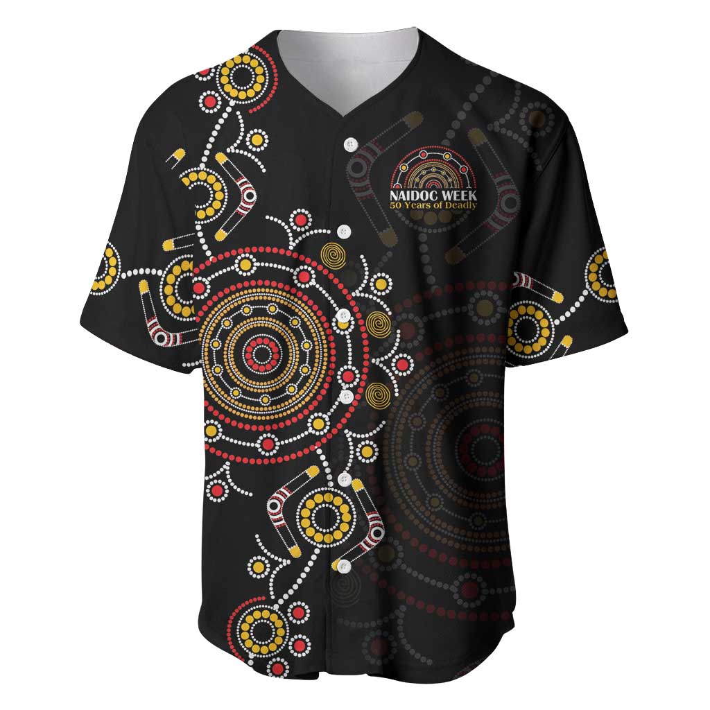 NAIDOC Deadly 50 Years Baseball Jersey Aboriginal Black Gold Boomerang Art