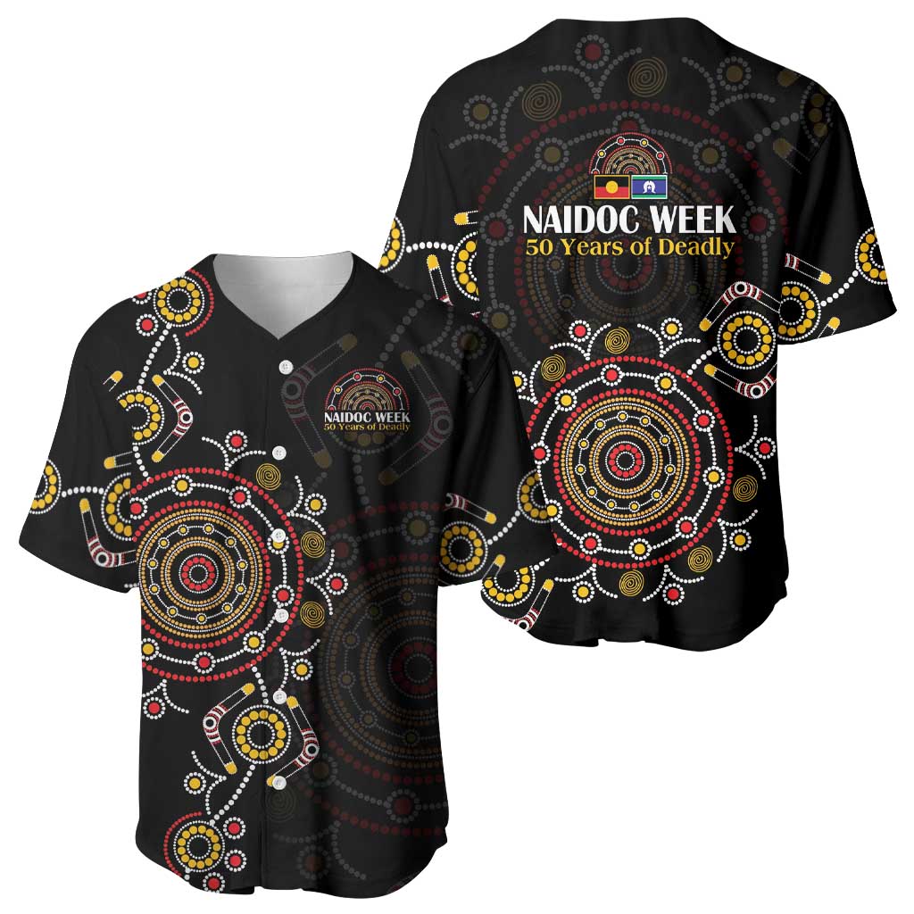 NAIDOC Deadly 50 Years Baseball Jersey Aboriginal Black Gold Boomerang Art