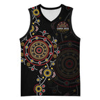 NAIDOC Deadly 50 Years Basketball Jersey Aboriginal Black Gold Boomerang Art