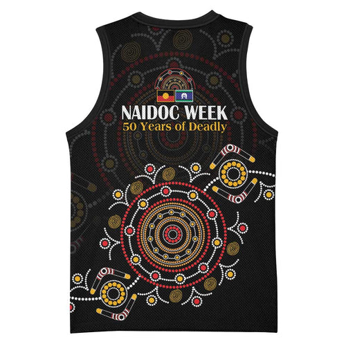 NAIDOC Deadly 50 Years Basketball Jersey Aboriginal Black Gold Boomerang Art