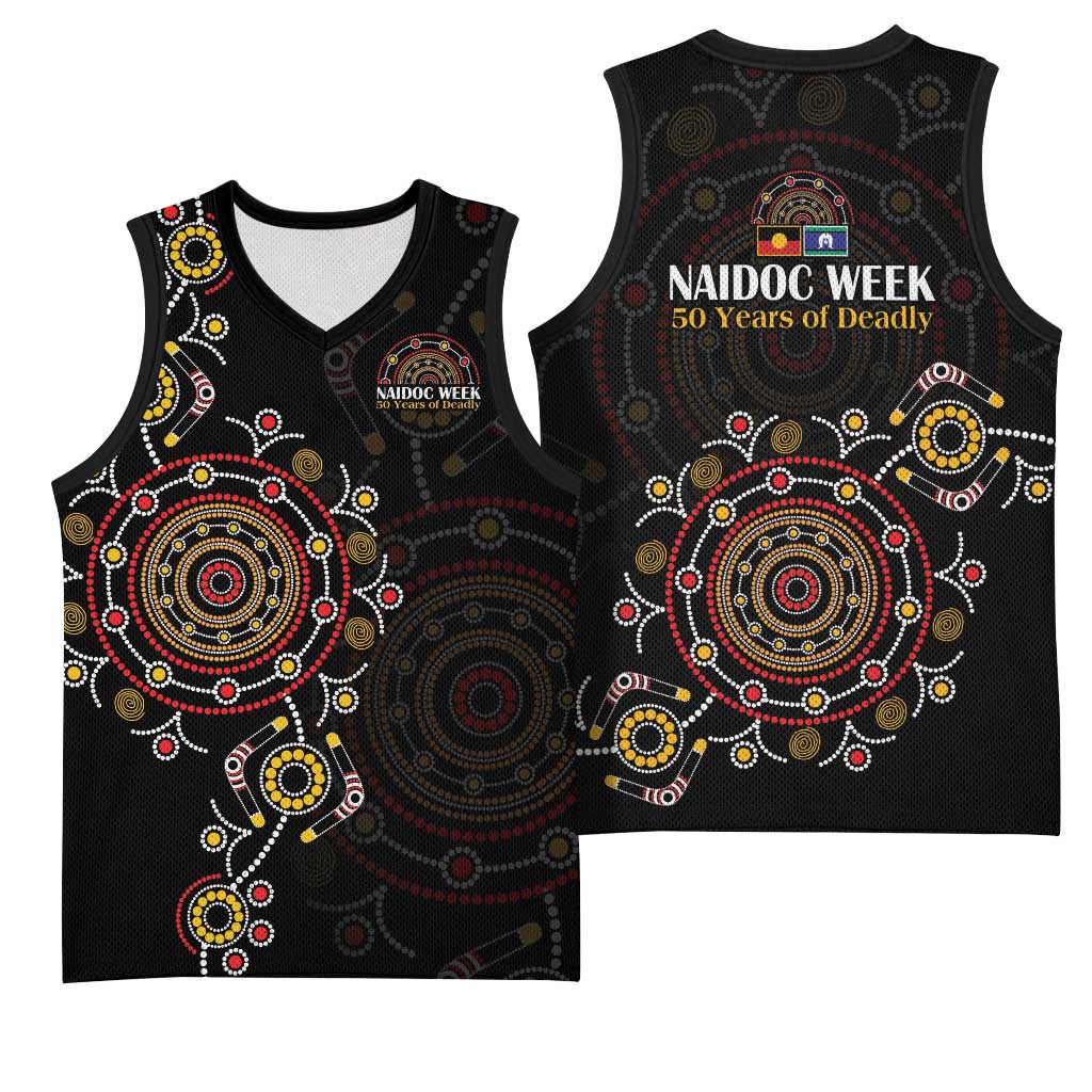 NAIDOC Deadly 50 Years Basketball Jersey Aboriginal Black Gold Boomerang Art
