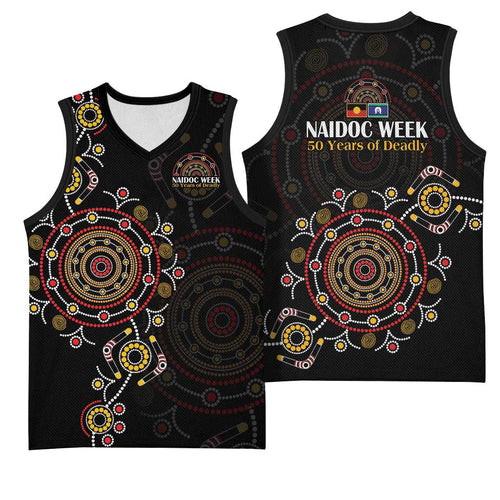 NAIDOC Deadly 50 Years Basketball Jersey Aboriginal Black Gold Boomerang Art