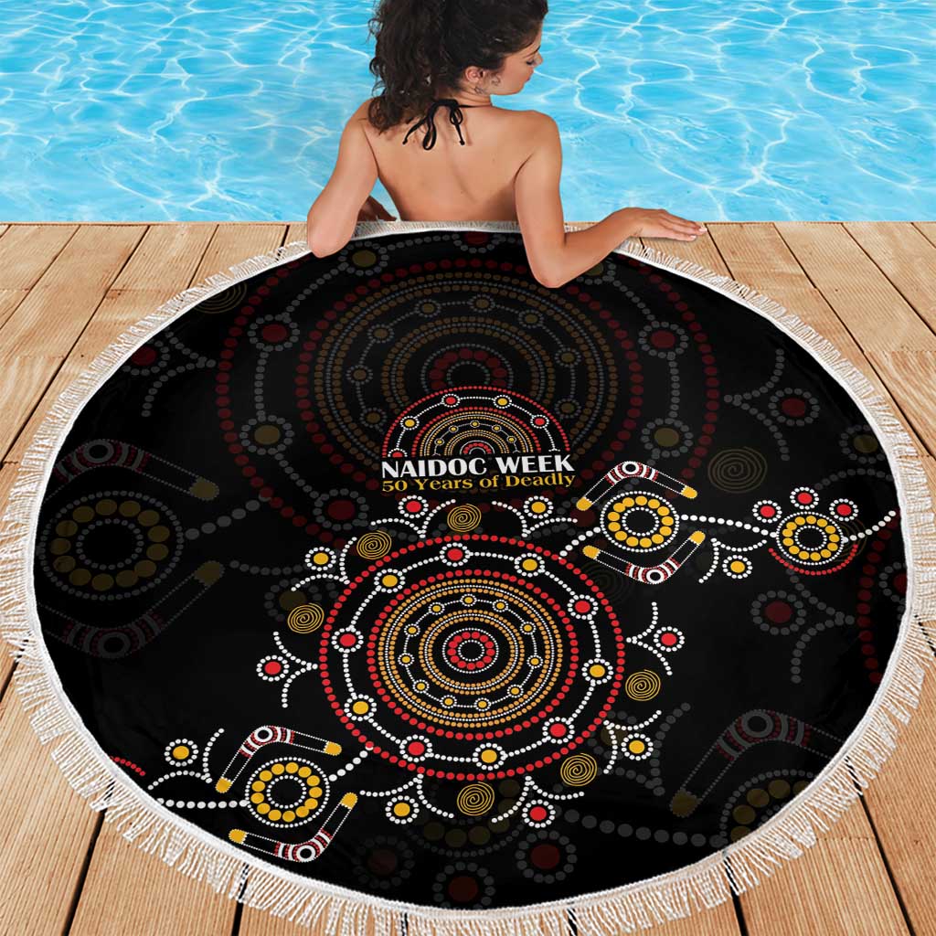 NAIDOC Deadly 50 Years Beach Blanket Aboriginal Black Gold Boomerang Art