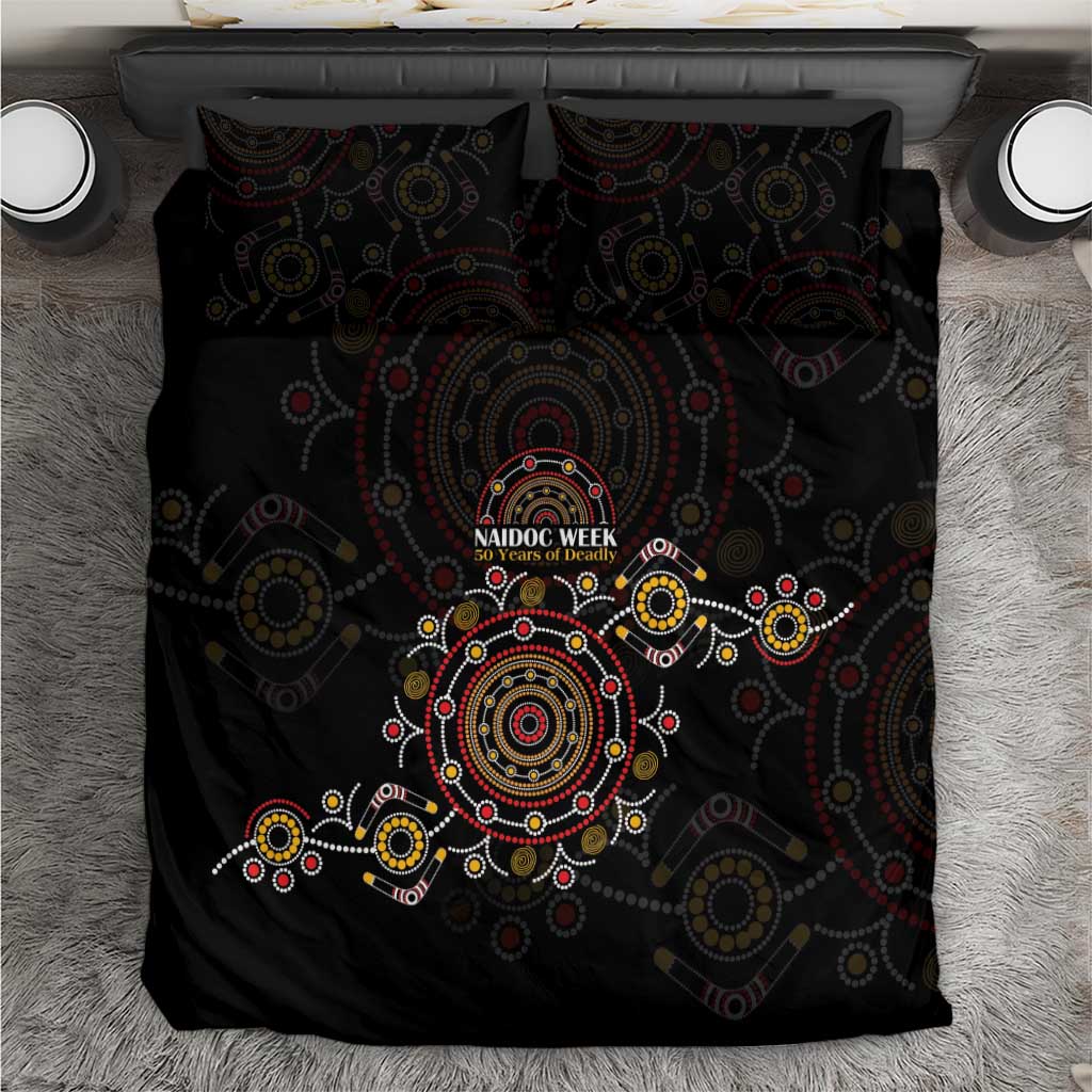 NAIDOC Deadly 50 Years Bedding Set Aboriginal Black Gold Boomerang Art