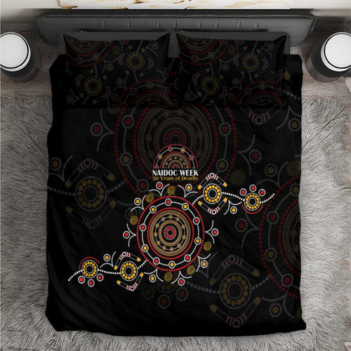 NAIDOC Deadly 50 Years Bedding Set Aboriginal Black Gold Boomerang Art