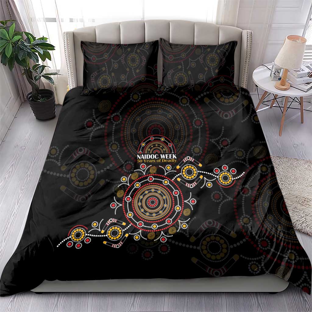 NAIDOC Deadly 50 Years Bedding Set Aboriginal Black Gold Boomerang Art