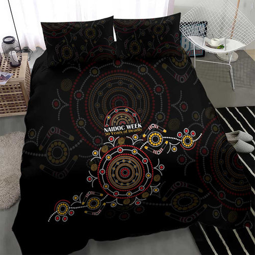 NAIDOC Deadly 50 Years Bedding Set Aboriginal Black Gold Boomerang Art