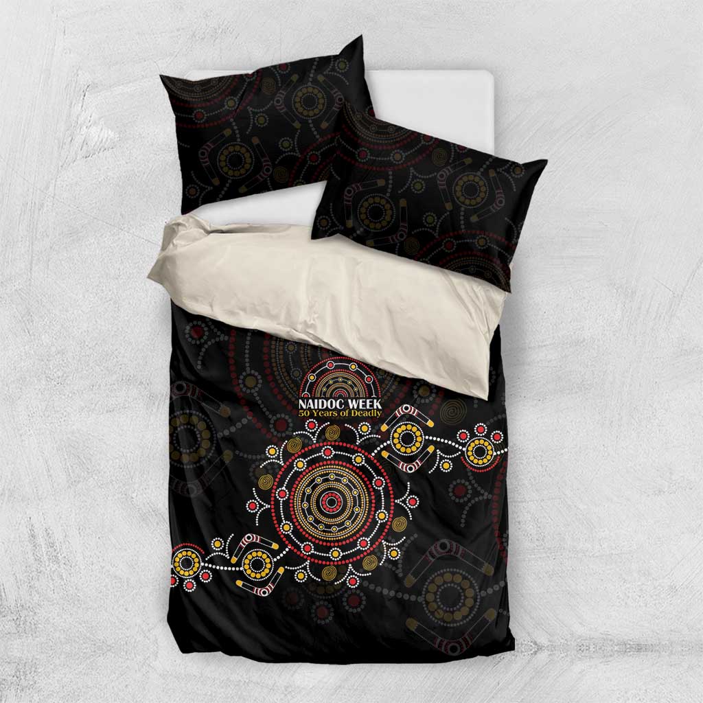 NAIDOC Deadly 50 Years Bedding Set Aboriginal Black Gold Boomerang Art