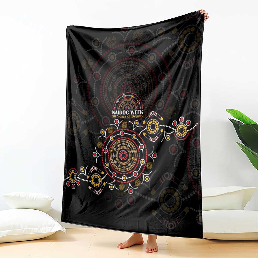 NAIDOC Deadly 50 Years Blanket Aboriginal Black Gold Boomerang Art