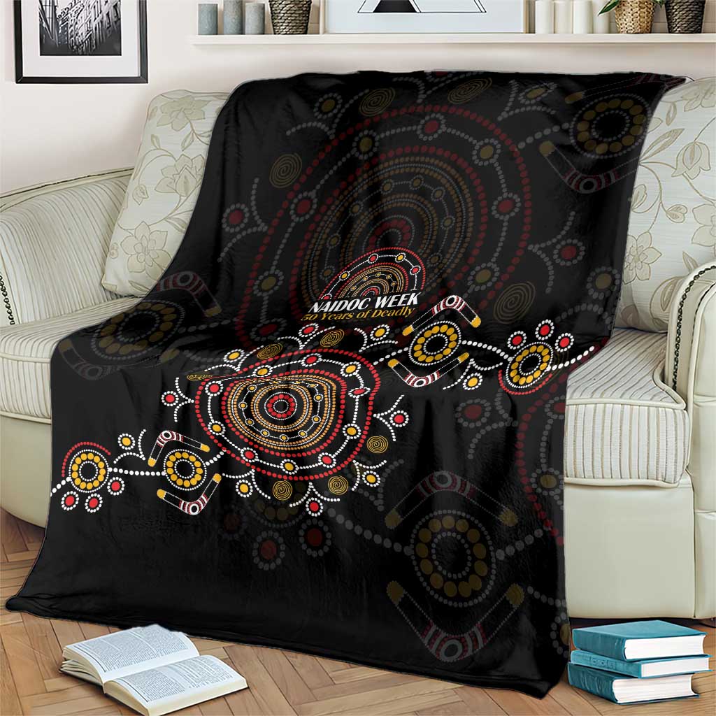 NAIDOC Deadly 50 Years Blanket Aboriginal Black Gold Boomerang Art