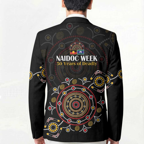 NAIDOC Deadly 50 Years Blazer Aboriginal Black Gold Boomerang Art