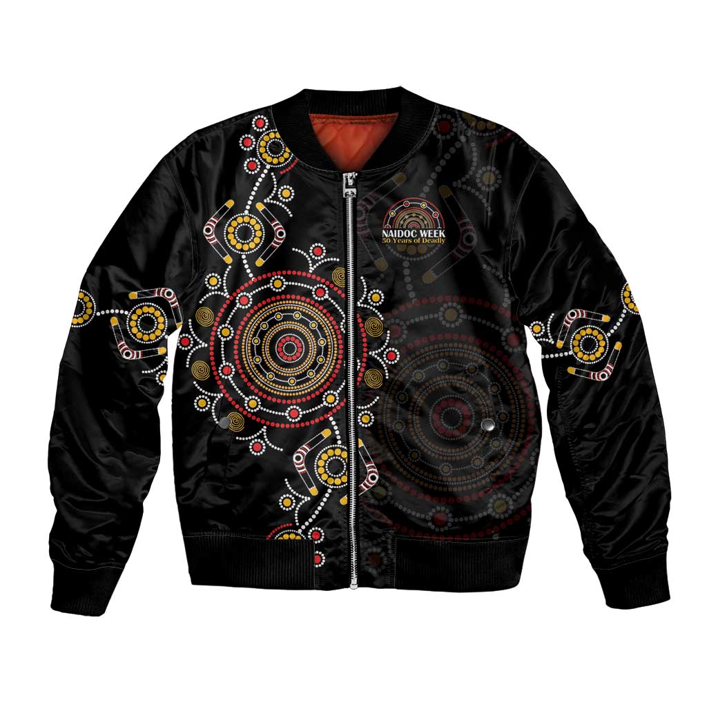 NAIDOC Deadly 50 Years Bomber Jacket Aboriginal Black Gold Boomerang Art