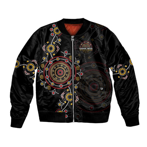 NAIDOC Deadly 50 Years Bomber Jacket Aboriginal Black Gold Boomerang Art