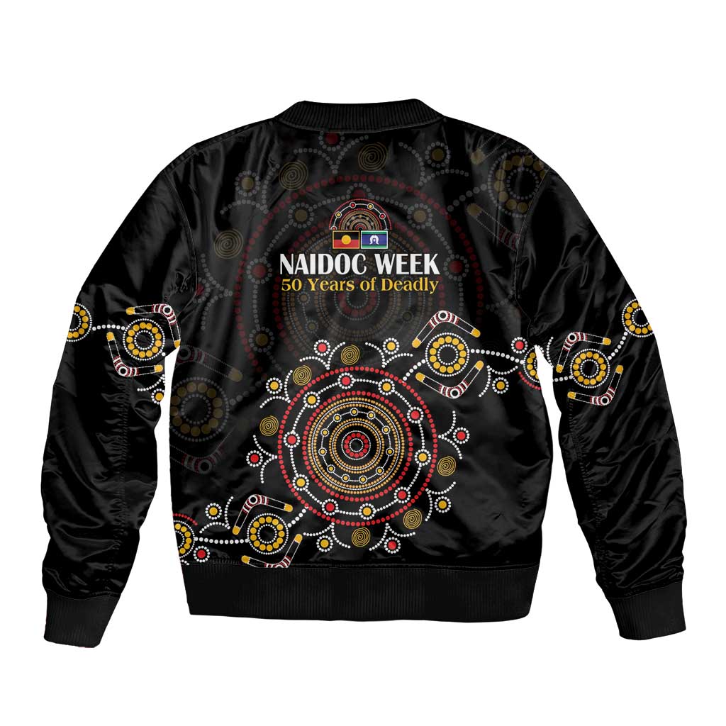 NAIDOC Deadly 50 Years Bomber Jacket Aboriginal Black Gold Boomerang Art