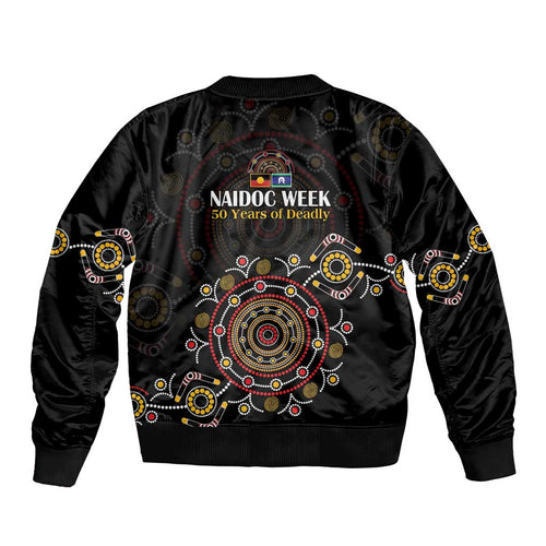 NAIDOC Deadly 50 Years Bomber Jacket Aboriginal Black Gold Boomerang Art