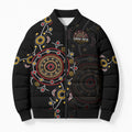 NAIDOC Deadly 50 Years Bomber Puffer Jacket Aboriginal Black Gold Boomerang Art