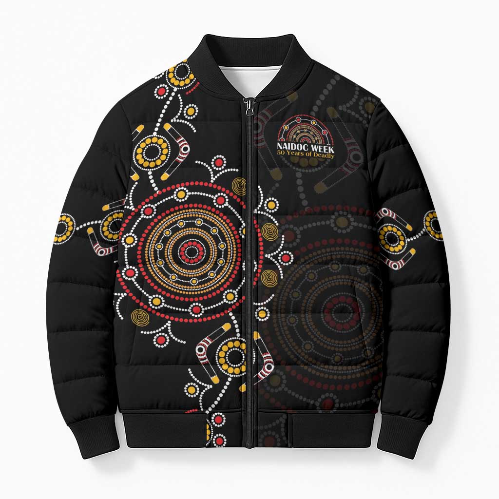 NAIDOC Deadly 50 Years Bomber Puffer Jacket Aboriginal Black Gold Boomerang Art