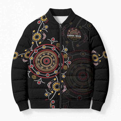 NAIDOC Deadly 50 Years Bomber Puffer Jacket Aboriginal Black Gold Boomerang Art