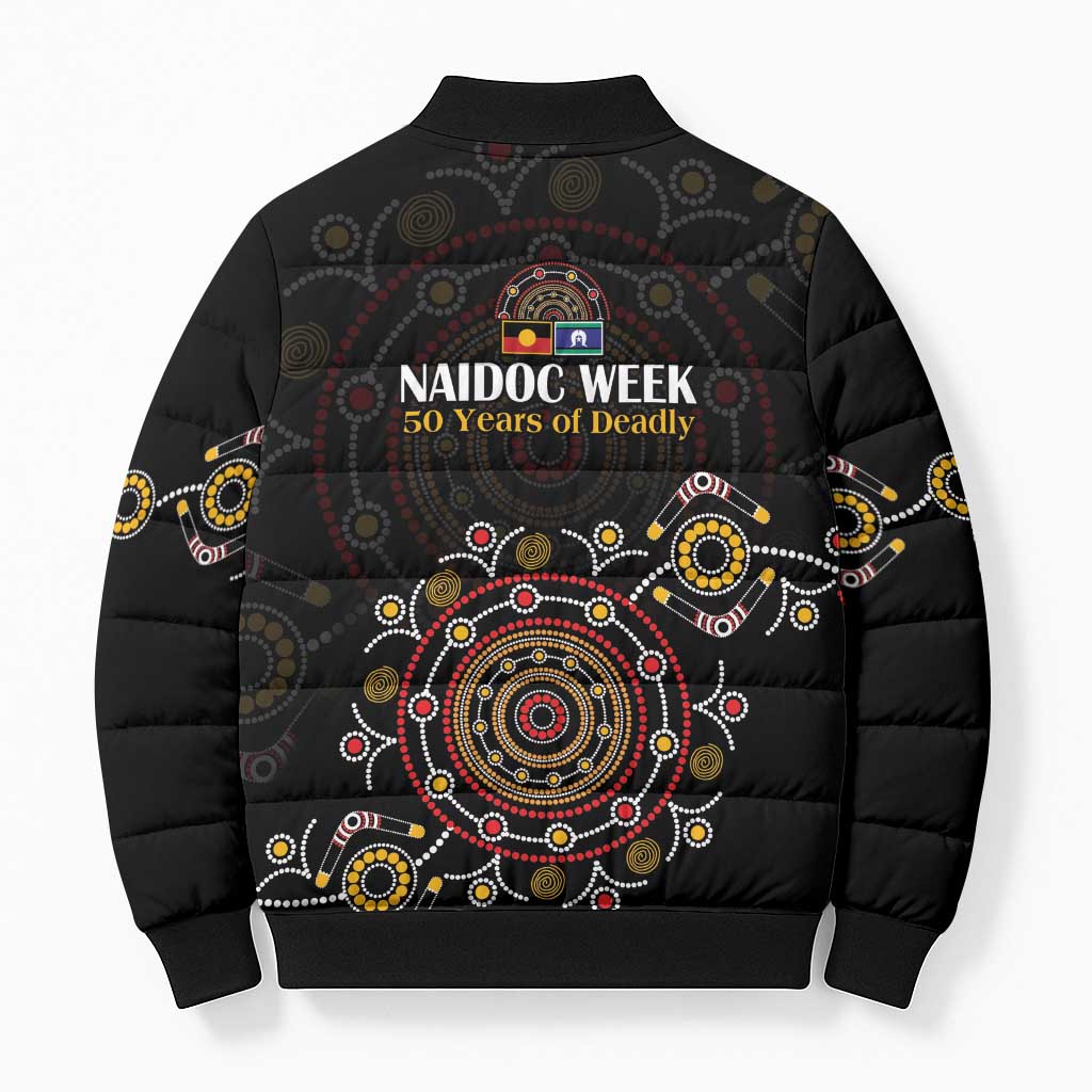 NAIDOC Deadly 50 Years Bomber Puffer Jacket Aboriginal Black Gold Boomerang Art