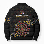 NAIDOC Deadly 50 Years Bomber Puffer Jacket Aboriginal Black Gold Boomerang Art