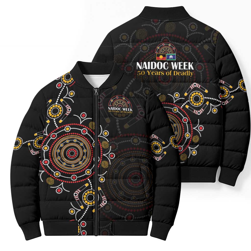 NAIDOC Deadly 50 Years Bomber Puffer Jacket Aboriginal Black Gold Boomerang Art