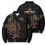 NAIDOC Deadly 50 Years Bomber Puffer Jacket Aboriginal Black Gold Boomerang Art