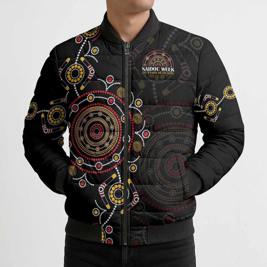 NAIDOC Deadly 50 Years Bomber Puffer Jacket Aboriginal Black Gold Boomerang Art