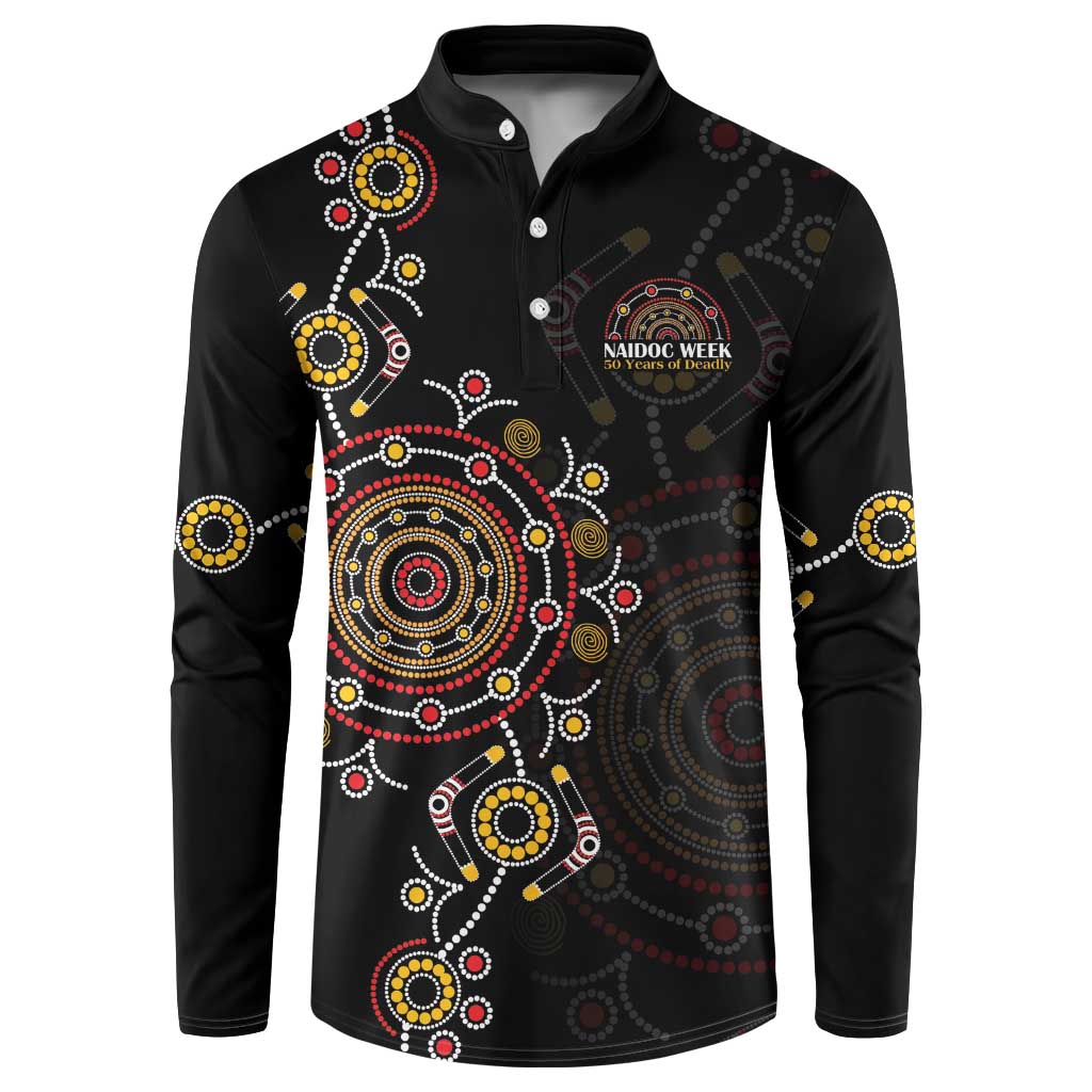 NAIDOC Deadly 50 Years Button Sweatshirt Aboriginal Black Gold Boomerang Art