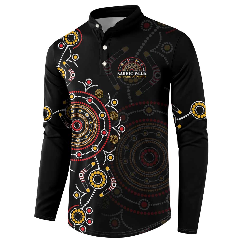 NAIDOC Deadly 50 Years Button Sweatshirt Aboriginal Black Gold Boomerang Art
