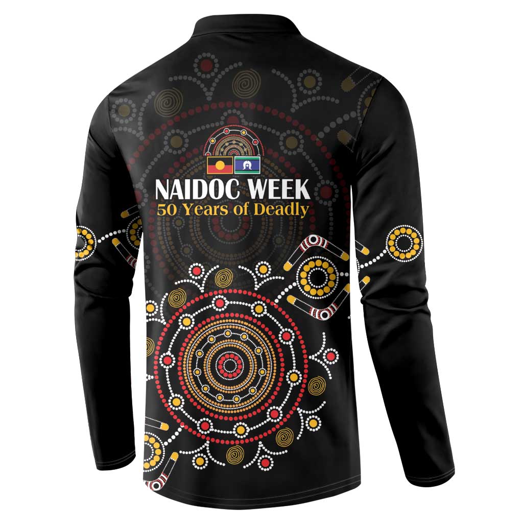 NAIDOC Deadly 50 Years Button Sweatshirt Aboriginal Black Gold Boomerang Art